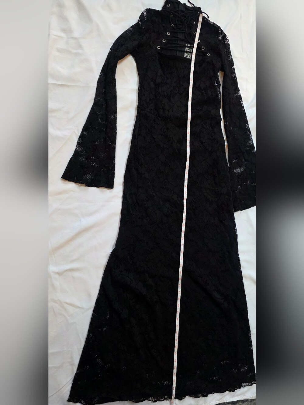 Vintage Lip Service Black Lace Goth Maxi Dress Lace-Up Front Bell Sleeve Size L - Picture 13 of 13